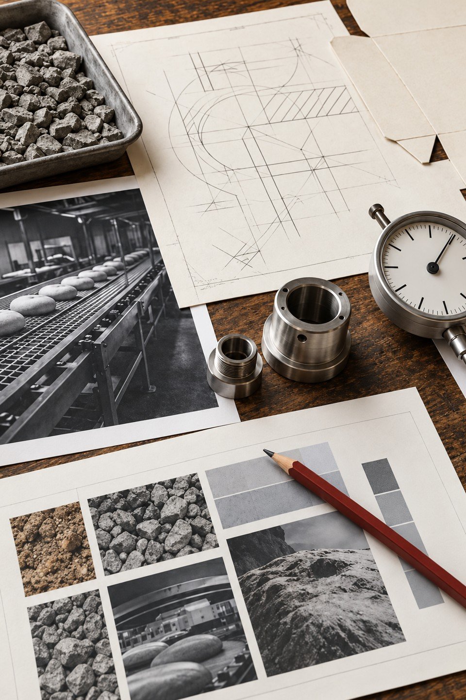 Illustrative editorial desk with material samples, packaging drawings and photographs of industrial processes