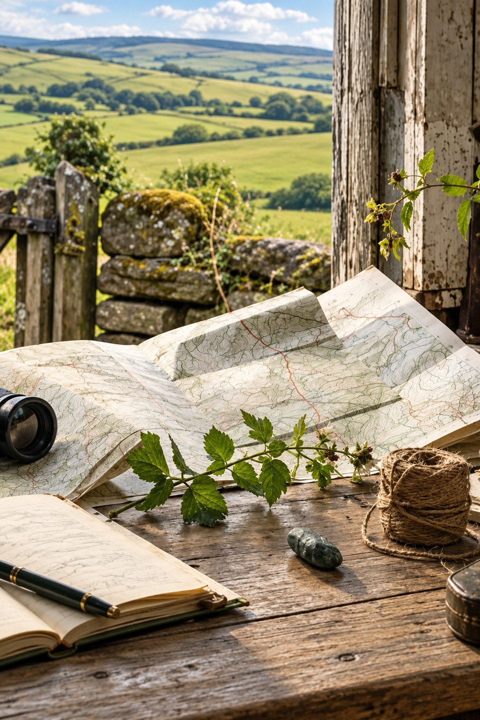 Illustrative countryside scene with a map and notebook beside an open window overlooking fields