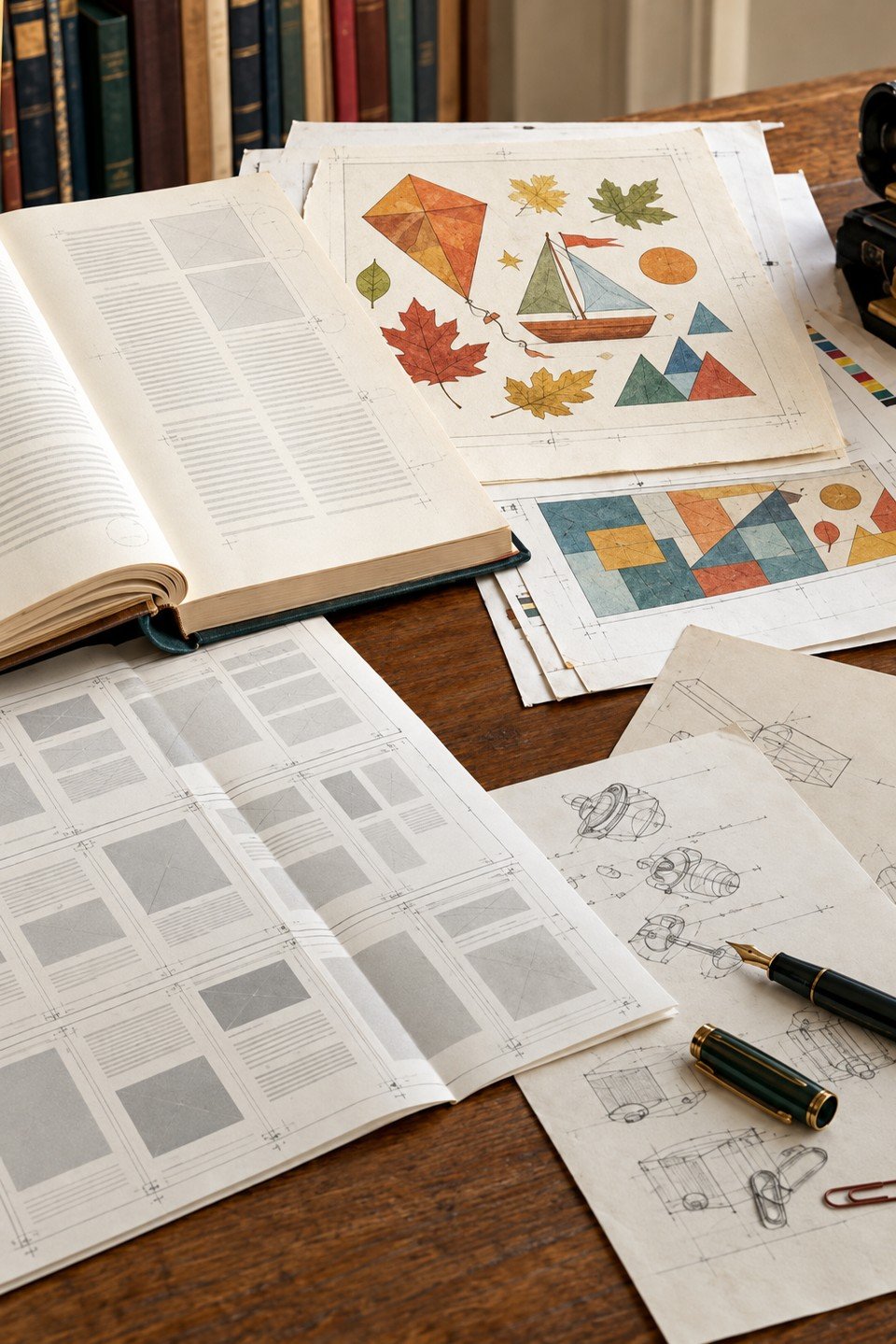 Illustrative editorial desk with books, page layouts and a fountain pen