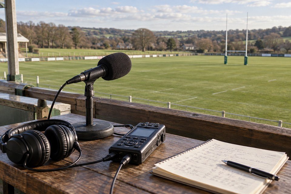 Illustrative rugby commentary position overlooking a ground, with microphone, recorder and match notes